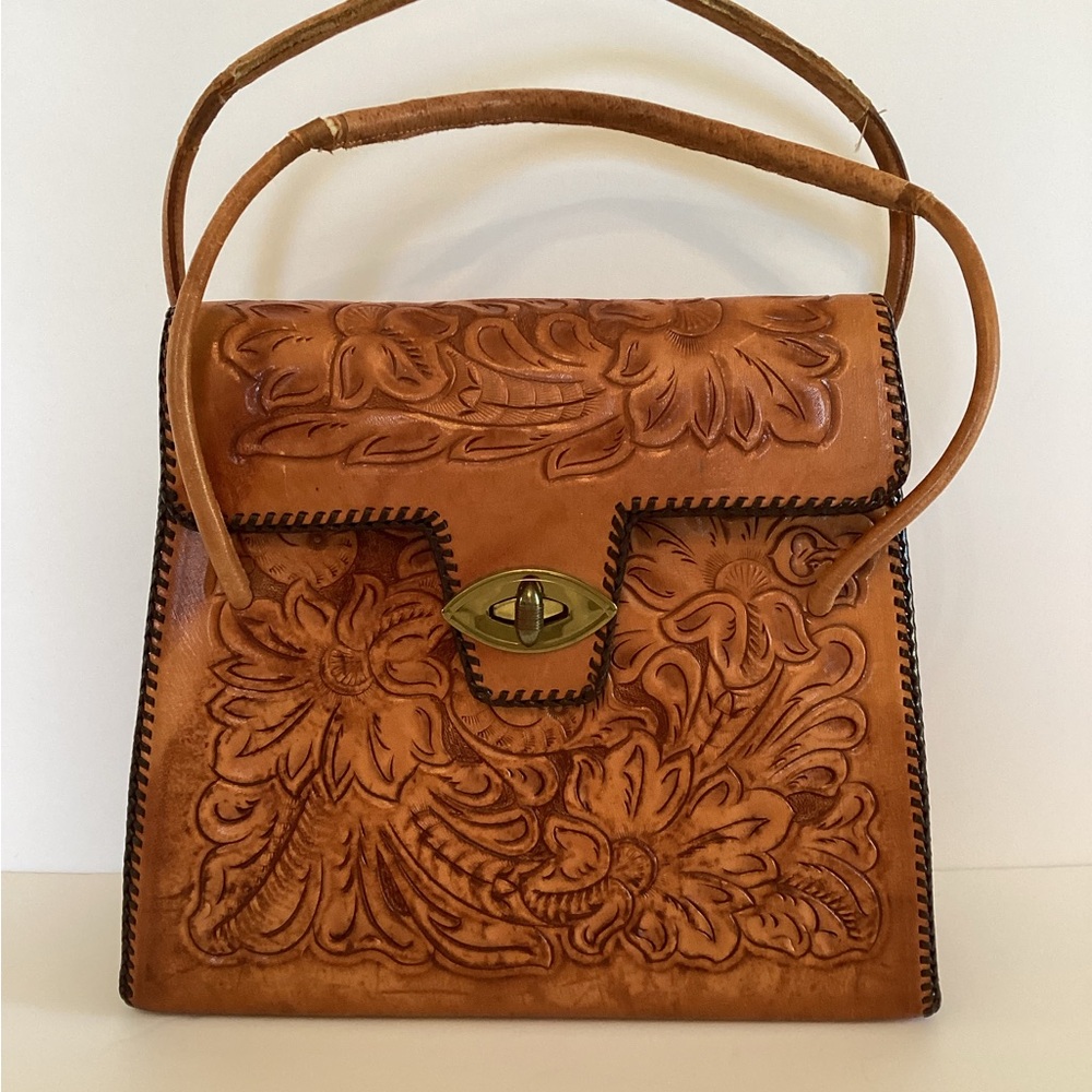 Vintage tooled leather Floral Embossed Tan Leather Bag